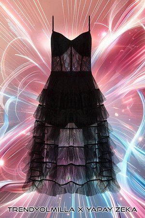 Элегантное вечернее платье из черного тюля с искусственным интеллектом и открытой талией