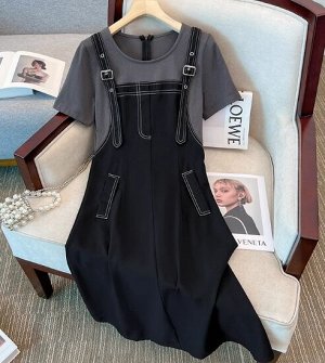 Платье(фальш-сарафан) с круглым вырезом и карманами, серо-черный