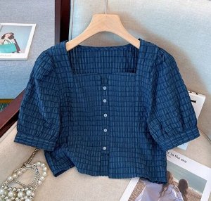 Короткая блуза на пуговицах + юбка-миди, пояс на резинке, синий