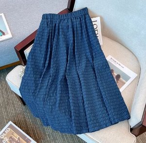 Короткая блуза на пуговицах + юбка-миди, пояс на резинке, синий