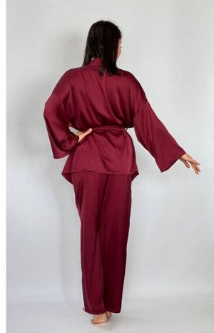 Костюм домашний женский двойка кимоно и брюки шёлковый бургунд