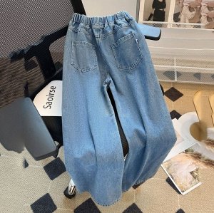 Широкие джинсы для девочек, с эластичным поясом, синий