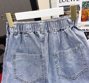 Шорты джинсовые свободные с отворотами , пояс на резинке, голубой