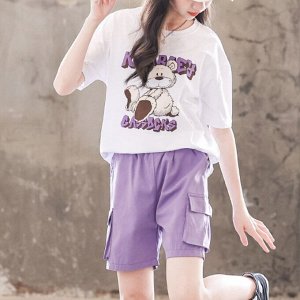 Летний комплект для девочки: футболка с принтом + шорты с накладными карманами и эластичным поясом, белый/фиолетовый