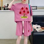 Летний костюм-двойка для девочки (футболка + шорты), с принтом, розовый