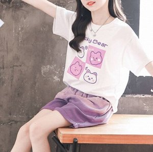 Летний комплект для девочки: футболка с принтом + шорты с эластичным поясом, белый/фиолетовый