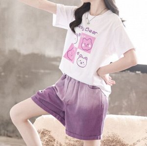 Летний комплект для девочки: футболка с принтом + шорты с эластичным поясом, белый/фиолетовый