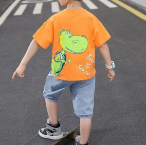 Летний комплект для мальчиков: футболка с принтом + джинсовые шорты с эластичным поясом, оранжевый/синий