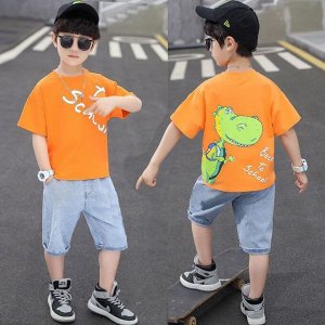 Летний комплект для мальчиков: футболка с принтом + джинсовые шорты с эластичным поясом, оранжевый/синий