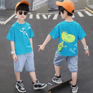 Летний комплект для мальчиков: футболка с принтом + джинсовые шорты с эластичным поясом, синий