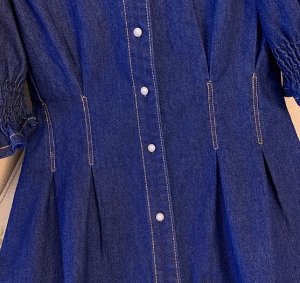 Джинсовое платье приталенное с кукольным воротничком и рукавом фонарик, синий