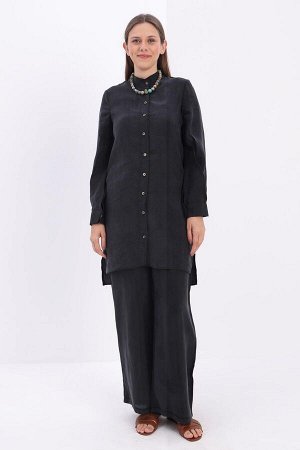 Черная плиссированная рубашка-туника с воротником стойкой и рукавами