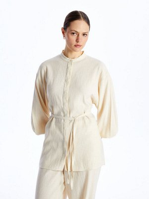 Однотонная женская рубашка-туника из смесового льна с воротником-судьей