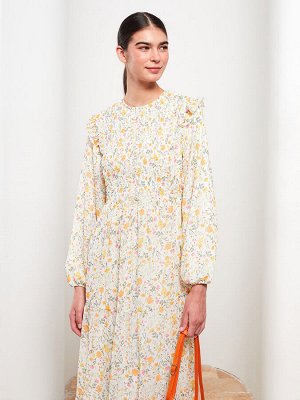 Шифоновое женское платье с круглым вырезом и длинным рукавом с цветочным принтом