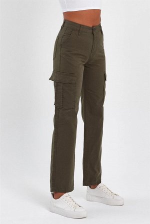 Женские широкие брюки-карго с высокой талией цвета хаки