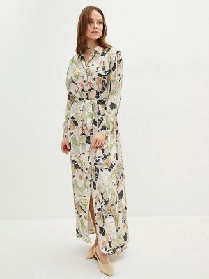 Женское платье-рубашка из вискозы с узором и длинным рукавом