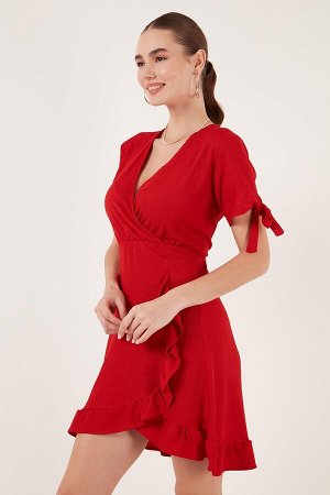 Двубортное гибкое платье с рюшами и короткими рукавами, 5865016