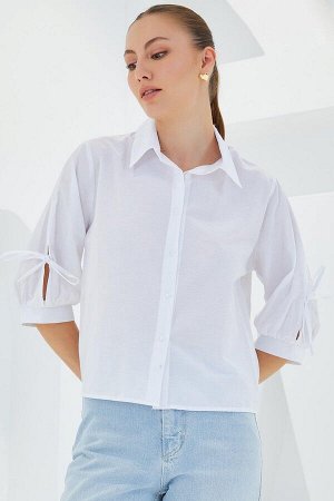Женская белая укороченная рубашка с рукавами 20246