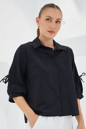 Женская черная укороченная рубашка с рукавами 20246