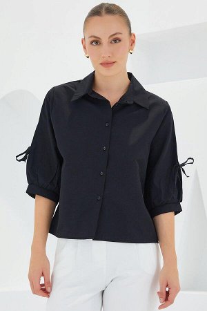 Женская черная укороченная рубашка с рукавами 20246