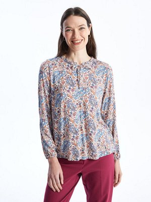Женская блузка с длинным рукавом и воротником-стойкой с цветочным принтом