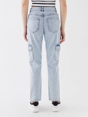 Женские джинсовые брюки-карго прямого кроя с высокой талией