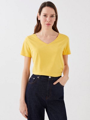 Простая хлопковая женская футболка с V-образным вырезом и короткими рукавами