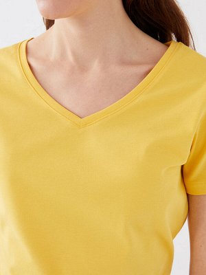Простая хлопковая женская футболка с V-образным вырезом и короткими рукавами