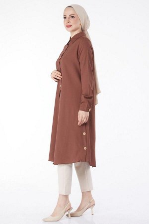 Женская коричневая туника с прямым рубашечным воротником — 13016
