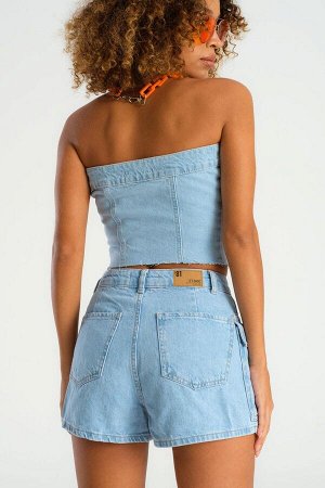 Женское джинсовое бюстье цвета Ice Denim на пуговицах спереди без бретелек