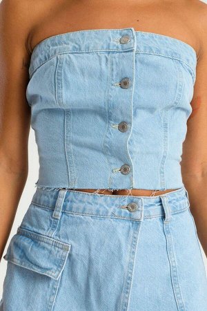 Женское джинсовое бюстье цвета Ice Denim на пуговицах спереди без бретелек