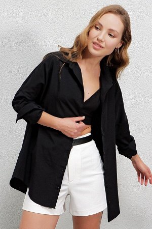 Женская черная длинная базовая рубашка оверсайз HZL22W-BD139001