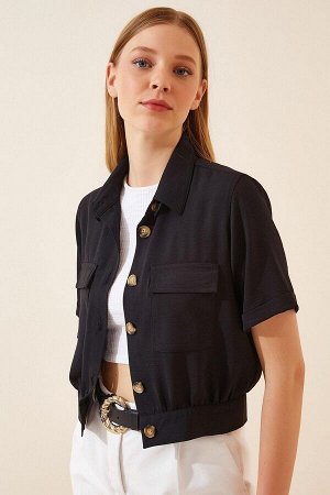 Женская черная летняя укороченная куртка-рубашка на пуговицах с карманами и короткими рукавами HZL22S-BD106631