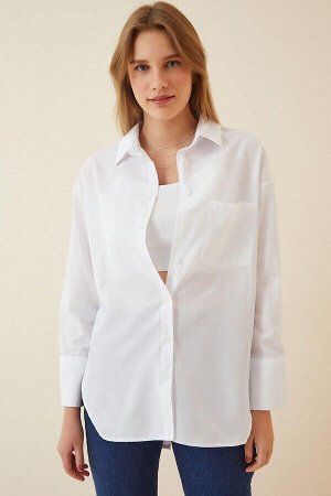 Женская белая поплиновая рубашка-бойфренд на пуговицах сзади HZL22S-BD139521