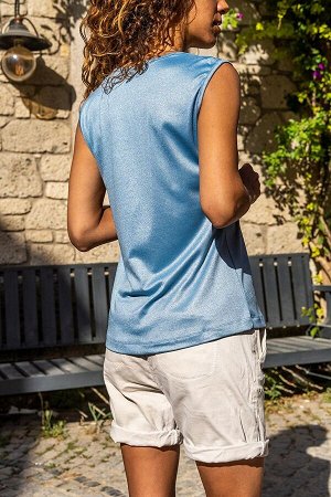 Женская синяя блузка с v-образным вырезом и мягкой текстурой BST2892