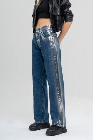 Женские джинсовые брюки прямого кроя серебристо-синего цвета со специальным покрытием