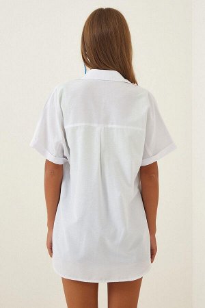 Женская белая рубашка оверсайз с длинным рукавом и базовым поплином