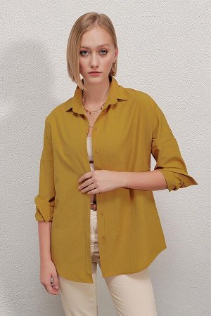Женская длинная базовая рубашка горчичного цвета HZL22W-BD139001