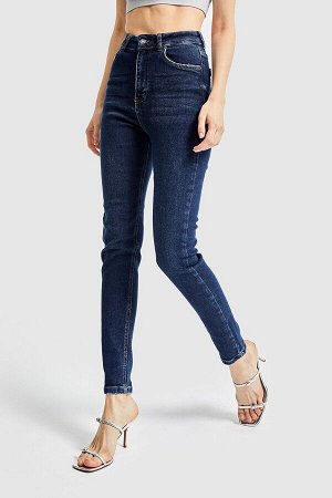 Женская джинсовая ткань скинни темно-синего цвета из суперэластичной ткани с высокой талией