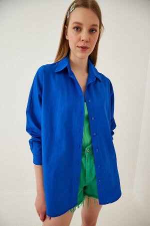 Женская длинная базовая рубашка оверсайз ярко-синего цвета HZL22W-BD139001