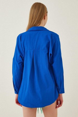 Женская длинная базовая рубашка оверсайз ярко-синего цвета HZL22W-BD139001