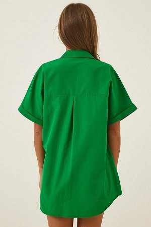Женская темно-зеленая рубашка оверсайз из базового поплина с длинным рукавом и короткими рукавами HZL22S-BD1201201