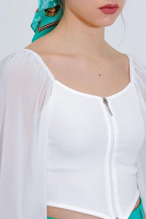 Женская белая шифоновая блузка на молнии спереди 0496