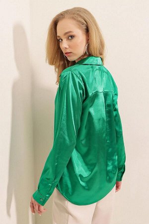 Женская темно-зеленая базовая атласная рубашка из вискозы с драпировкой