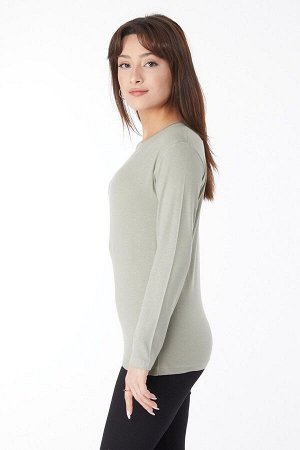 Однотонная женская рубашка цвета хаки с круглым вырезом и длинными рукавами без принта Badi — 24765