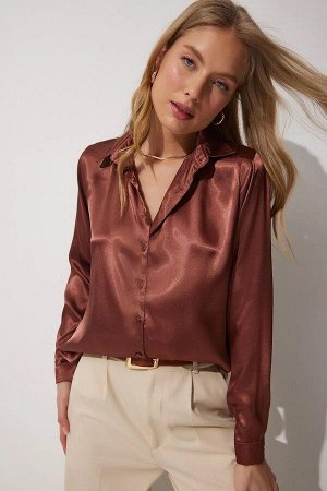 Женская коричневая базовая атласная рубашка из струящейся вискозы