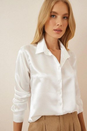 Женская белая базовая атласная рубашка из вискозы с драпировкой