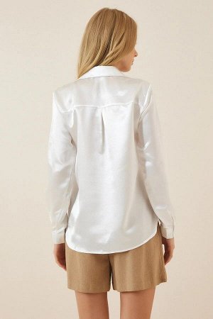 Женская белая базовая атласная рубашка из вискозы с драпировкой
