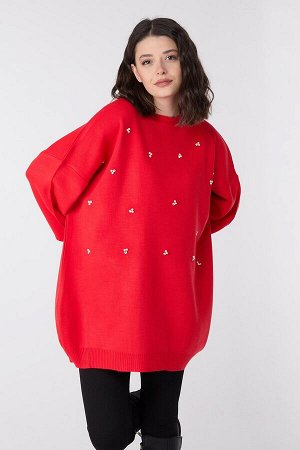 Однотонный женский красный вязаный свитер с круглым вырезом — 23870