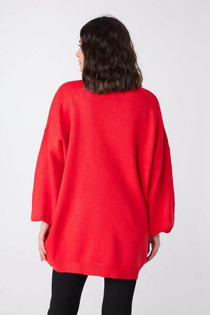 Однотонный женский красный вязаный свитер с круглым вырезом — 23870